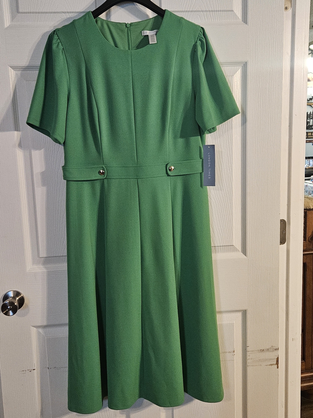London Times Emerald Green Short-Sleeve Midi A-Line Dress